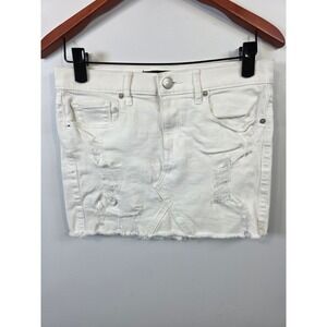 Express Jeans Womens White Distressed Denim Mini Skirt Size 0 Raw Hem Stretch